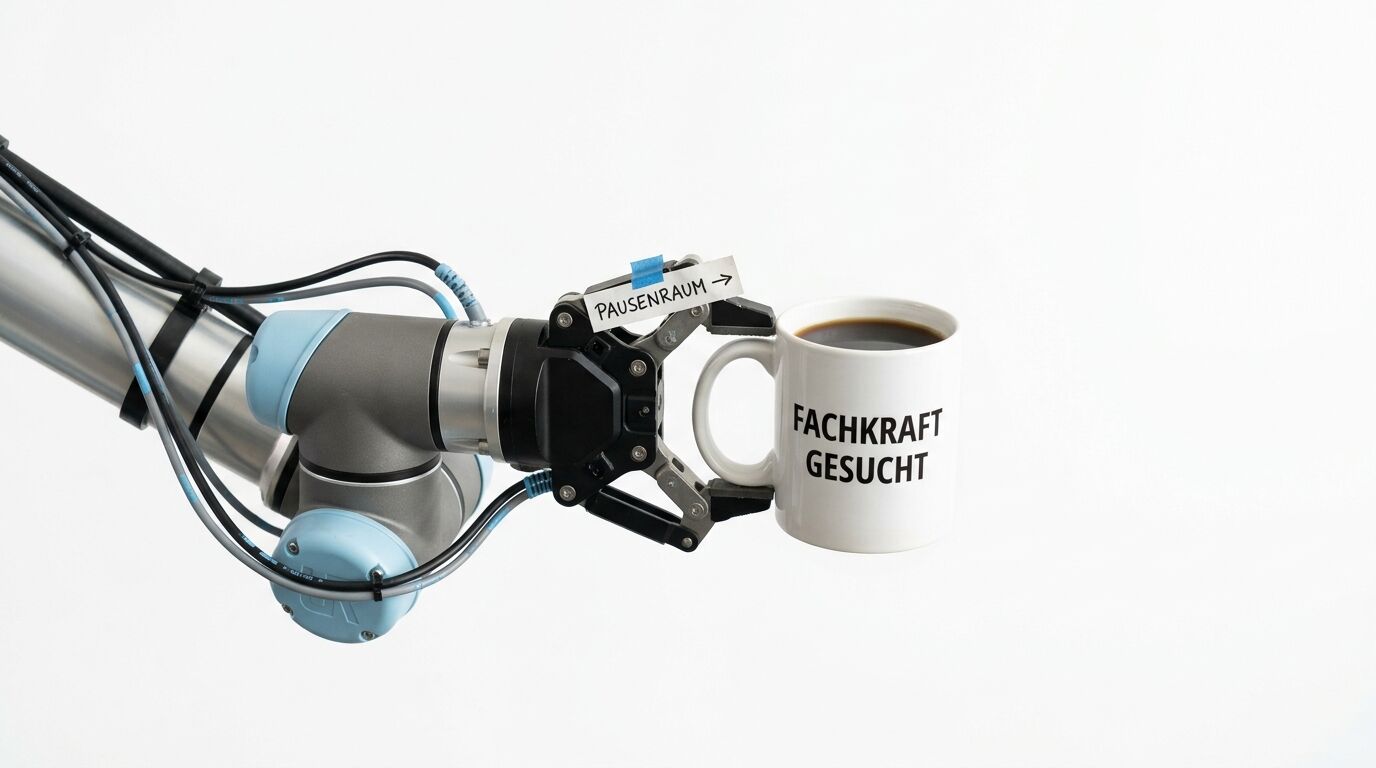 Roboterarm hält Tasse mit Aufschrift