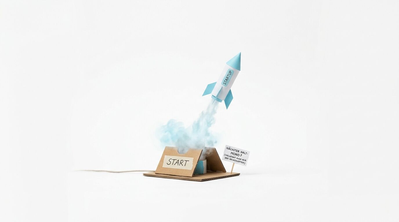 Papprakete mit „Startup“-Schriftzug startet von Pappbox auf weißem Grund