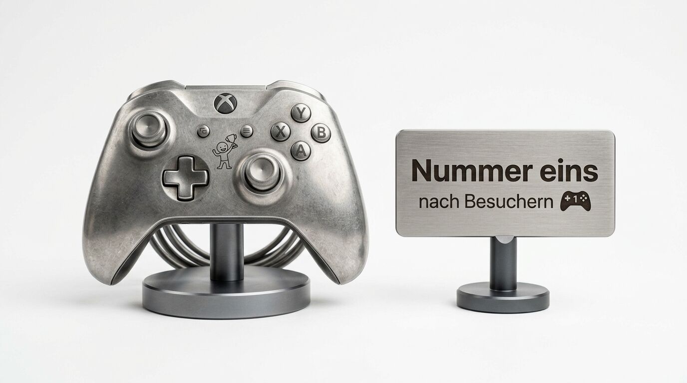 Silberner Xbox-Controller auf Ständer neben Schild mit Text „Nummer eins nach Besuchern“