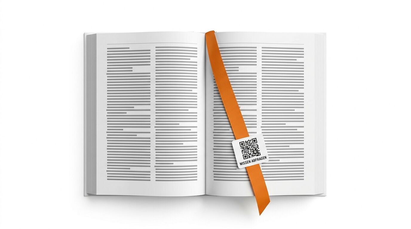 Ein aufgeschlagenes Buch, orangefarbenes Lesezeichen mit QR-Code und Text