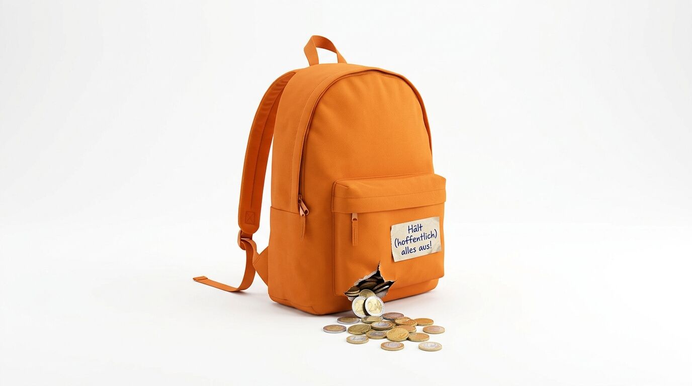 Oranger Rucksack mit rissiger Fronttasche, aus der Euromünzen herausfallen