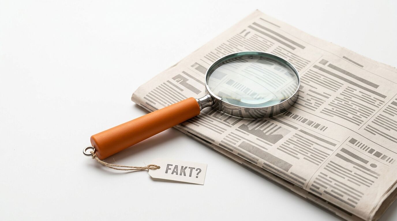 Lupe auf einer Zeitung, am Griff hängt ein Etikett mit der Aufschrift „FAKT?“