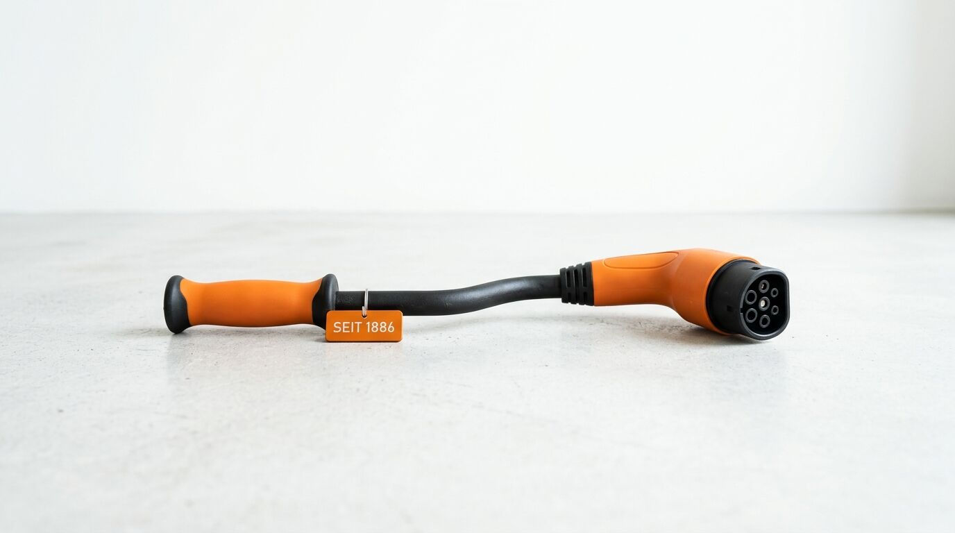 Ladekabel mit Griff, Stecker und Anhänger auf hellem Grund