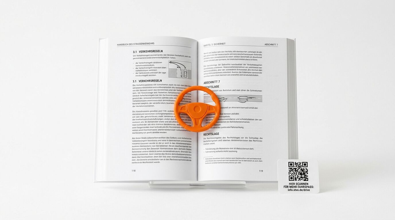 Aufgeschlagenes deutsches Verkehrshandbuch mit Spielzeuglenkrad in der Mitte