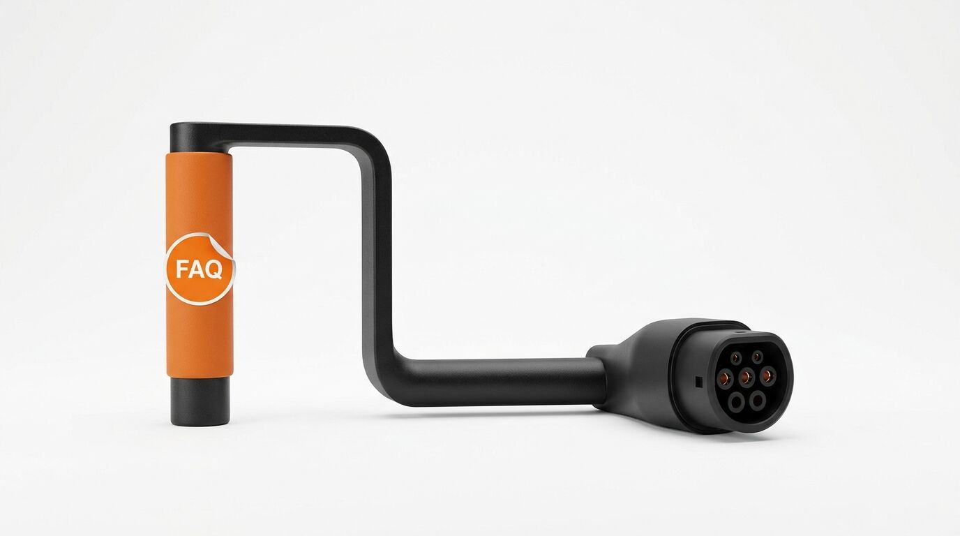 Schwarzes Ladekabel in U-Form, linker Griff orange, mit „FAQ“-Sticker; rechts ein Typ 2 Stecker