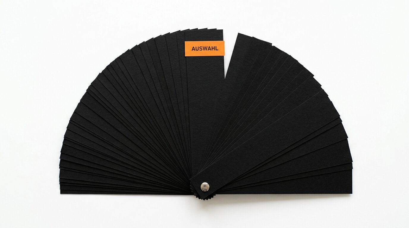 Gefächerte schwarze Papierstreifen auf weiß, einer mit orangefarbenem Aufdruck „AUSWAHL“