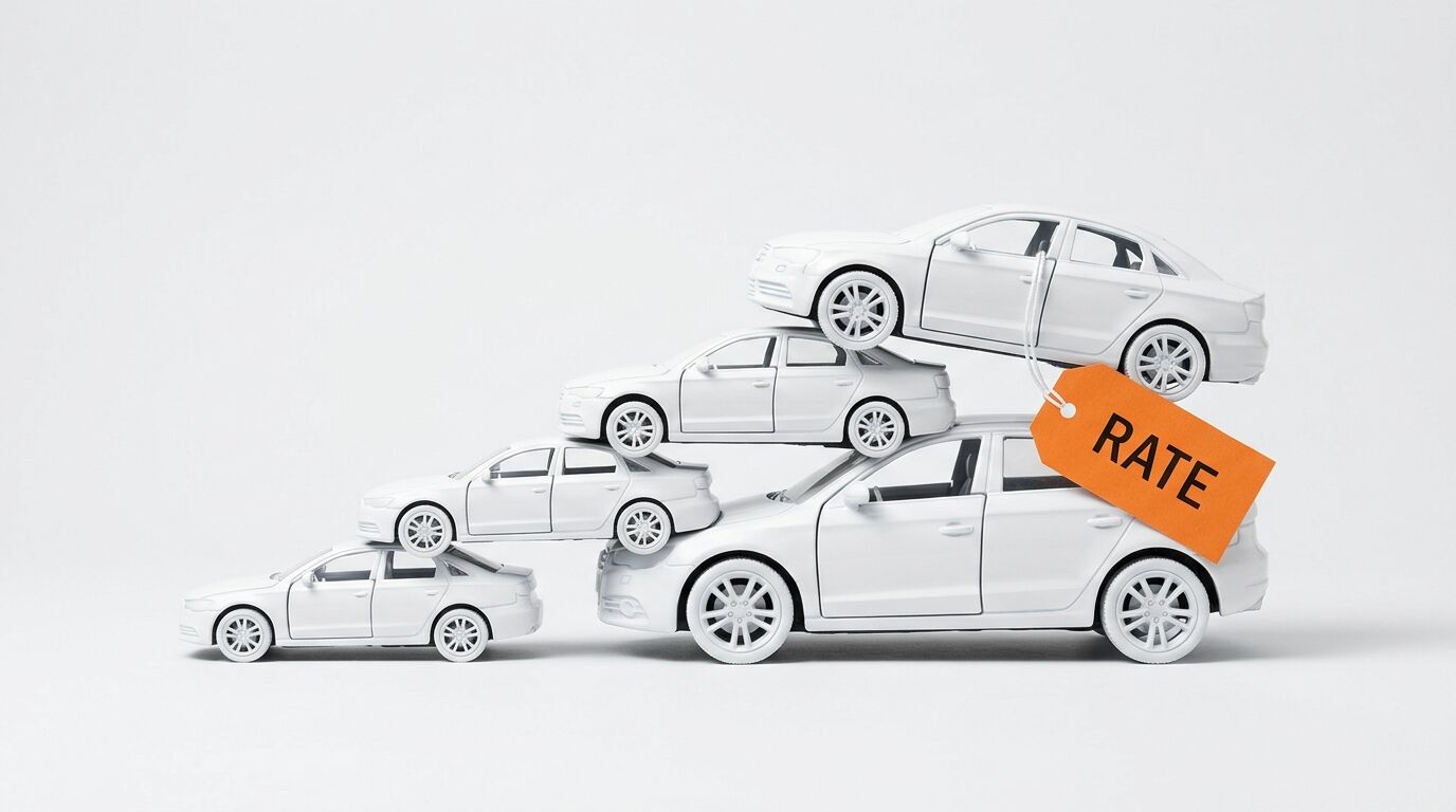 Fünf gestapelte weiße Spielzeugautos mit orangem Anhänger „RATE“ auf weißem Grund