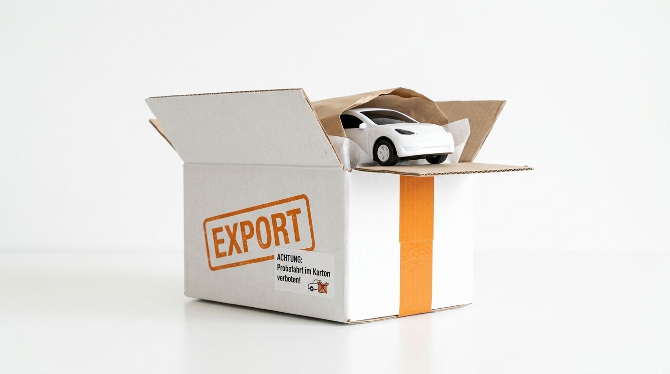Modellauto im Karton, Aufdruck „Export“ und Warnhinweis auf Deutsch auf weißem Hintergrund