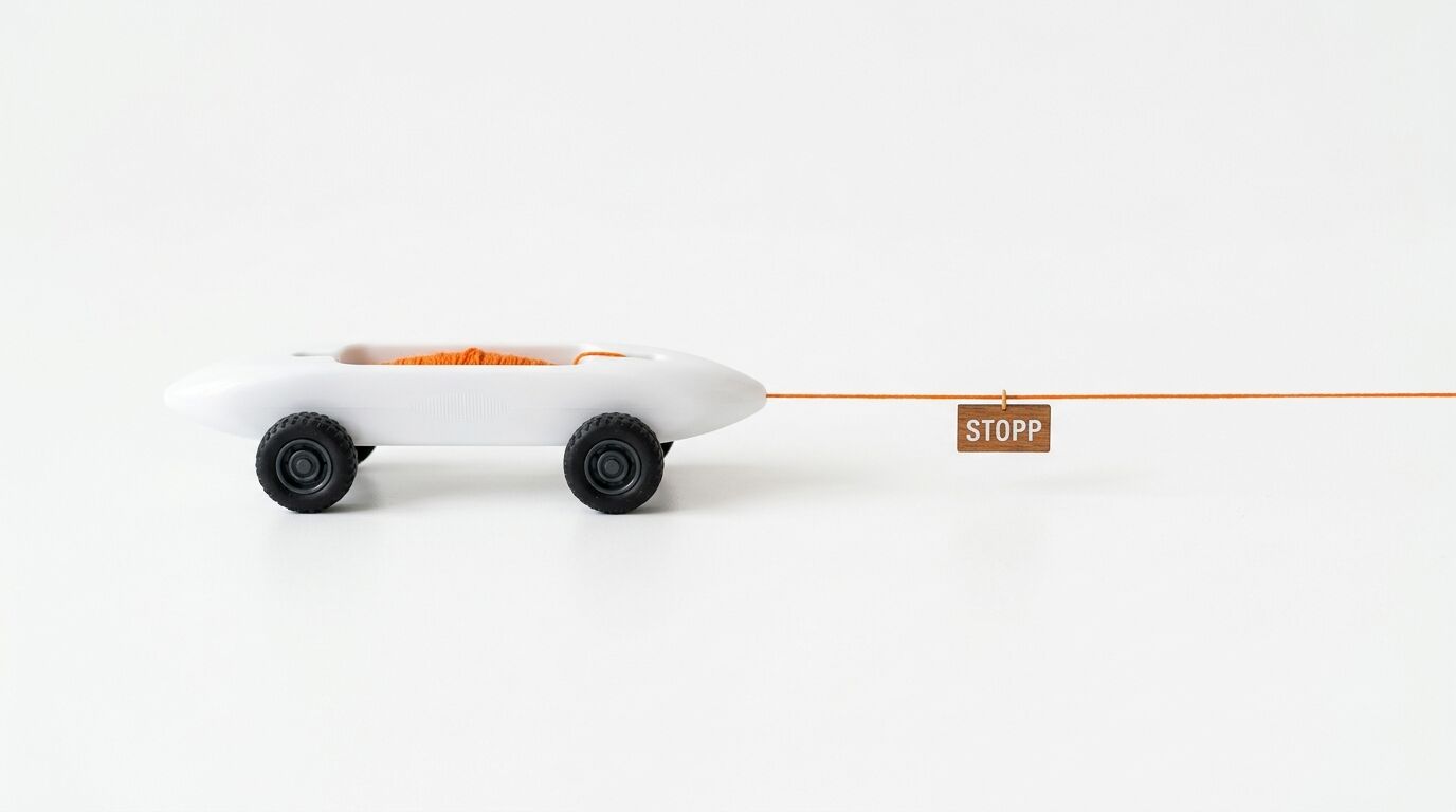 Weißer Spielzeug-Seifenkistenwagen zieht Schnur mit kleinem Holzschild