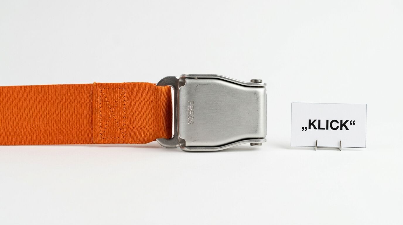 Oranger Sicherheitsgurt mit Metallschnalle („PRESS“), daneben Schild mit Aufschrift „KLICK“
