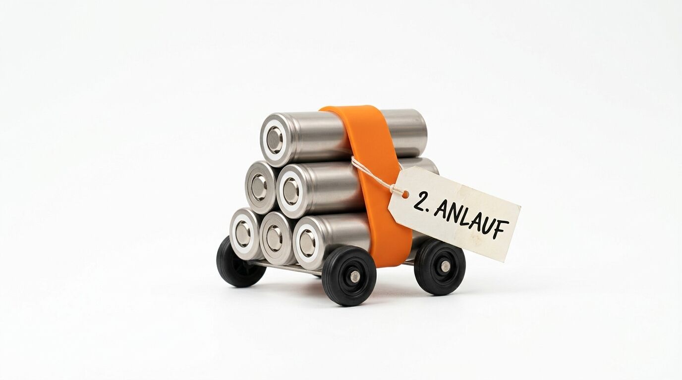 Ein Gefährt aus gestapelten Batterien mit Rädern und einem Schild „2. ANLAUF“