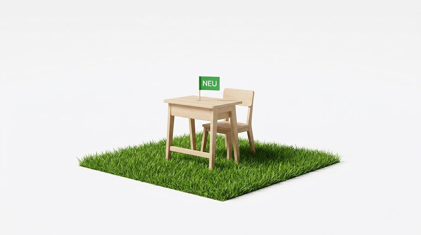 Holztisch und Stuhl auf einem Stück Rasen vor weißem Hintergrund mit grüner Fahne mit