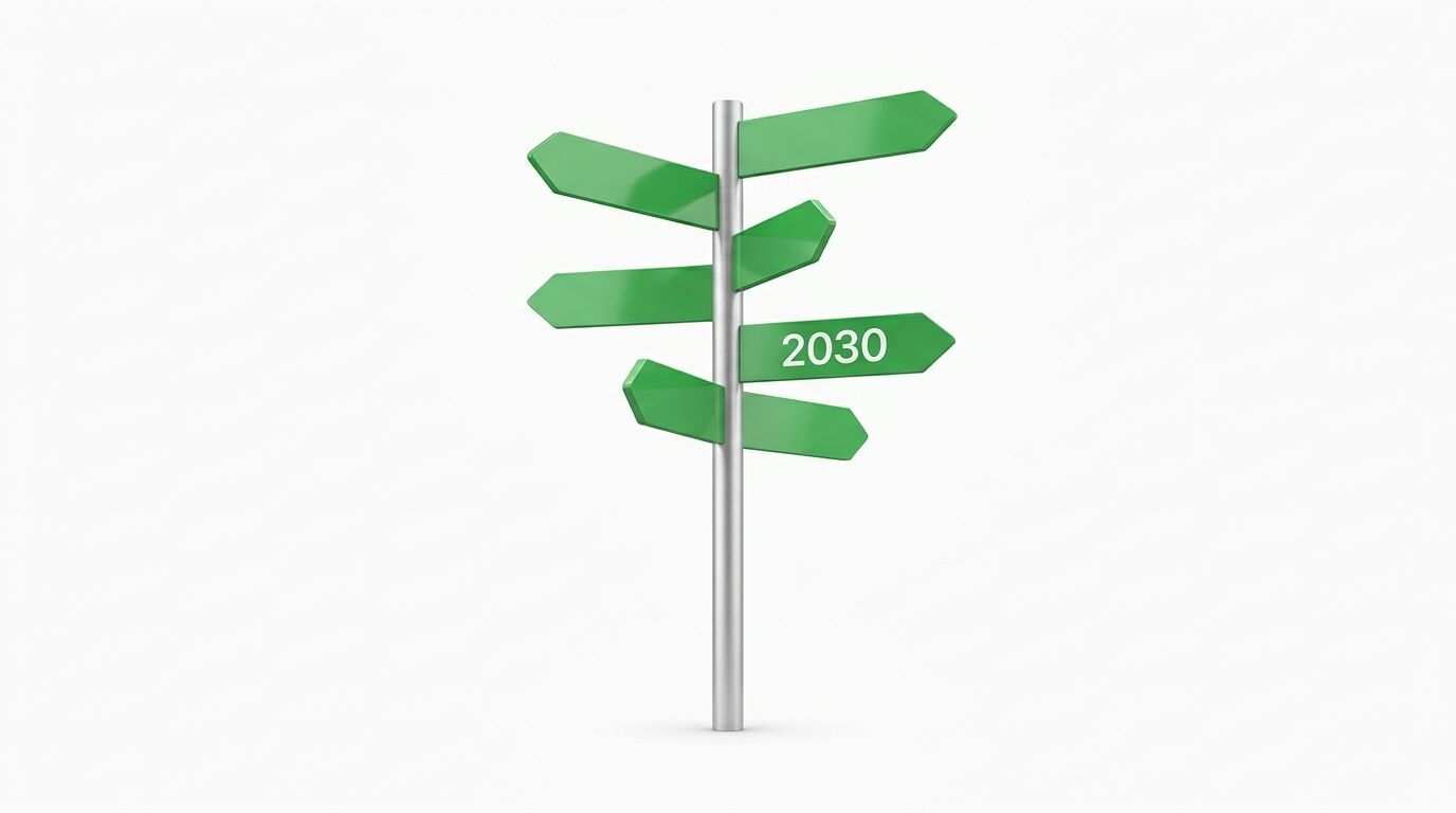 Grüner Wegweiser auf weißem Grund mit der Jahreszahl 2030