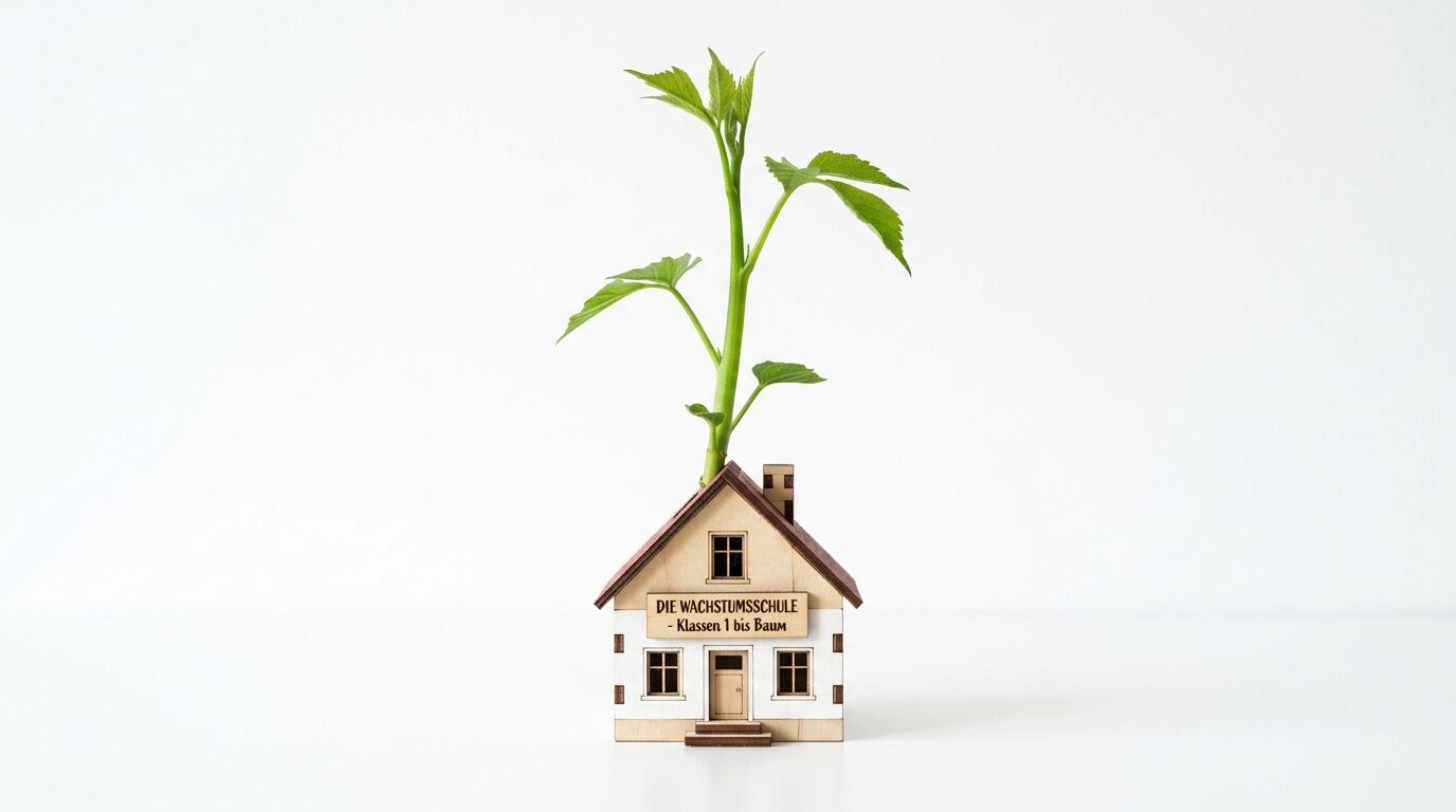 Kleines Modellhaus „DIE WACHSTUMSSCHULE“, aus dem eine Pflanze wächst