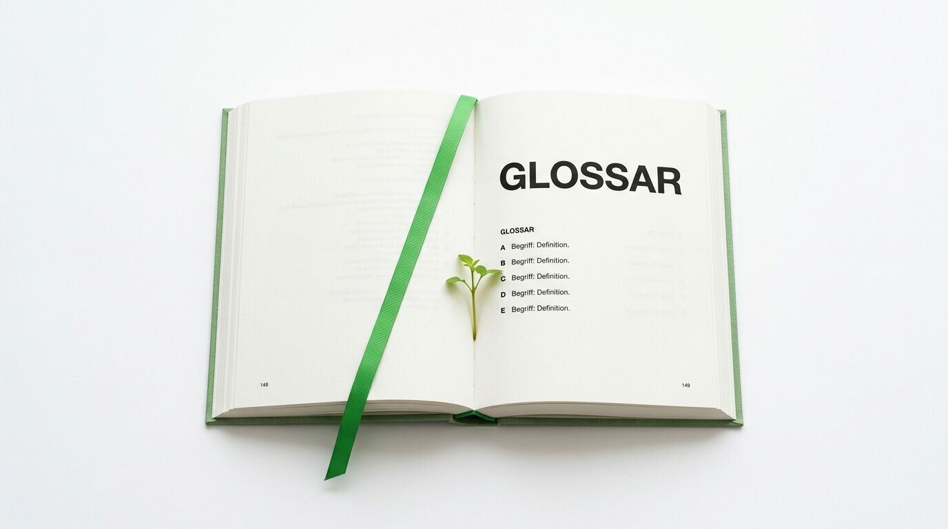 Ein offenes grünes Buch mit grünem Lesezeichenband und kleinem Keimling in der Mitte