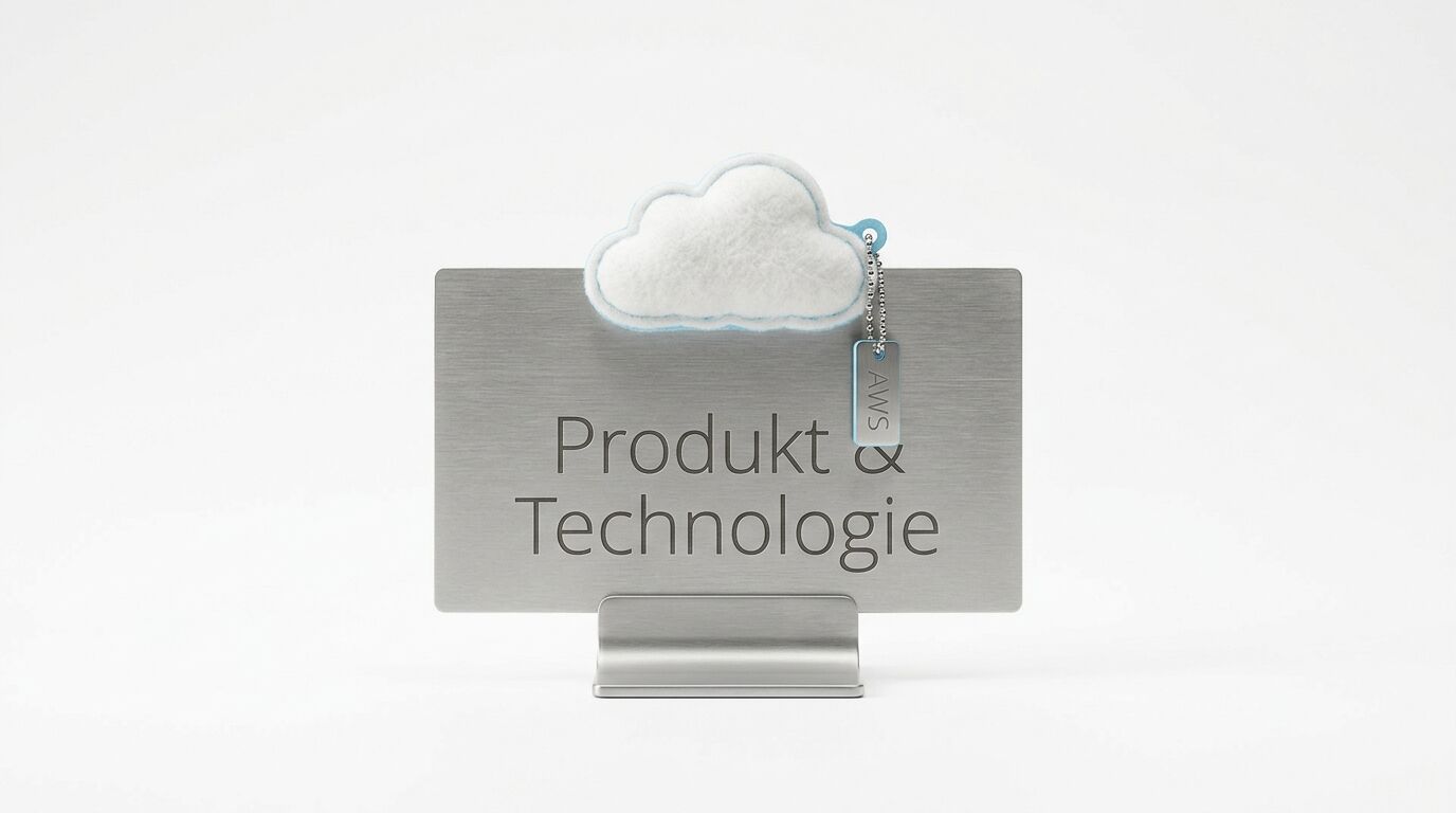 Edelstahlschild „Produkt & Technologie“ mit Filzwolke und AWS-Anhänger auf weißem Grund