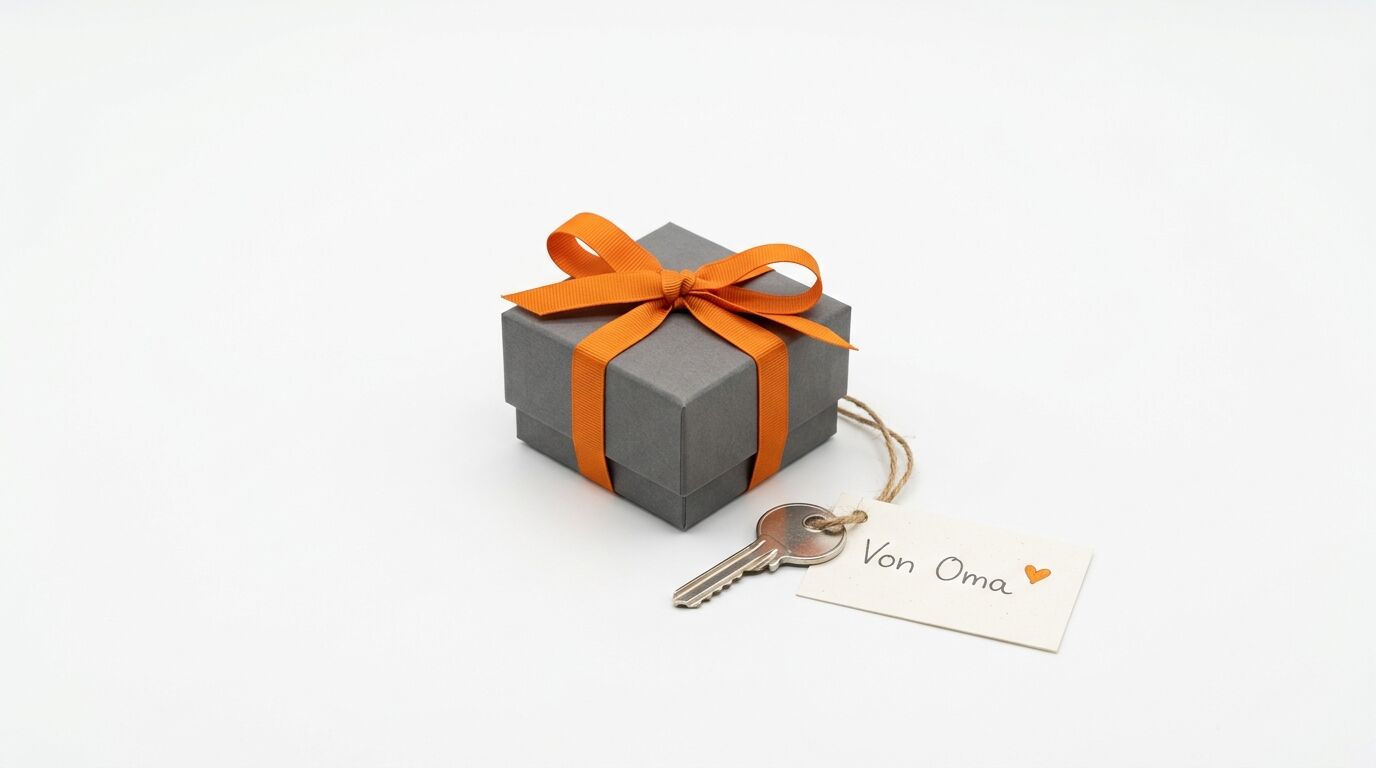 Kleine graue Geschenkbox mit oranger Schleife, daneben ein Schlüssel und ein Anhänger