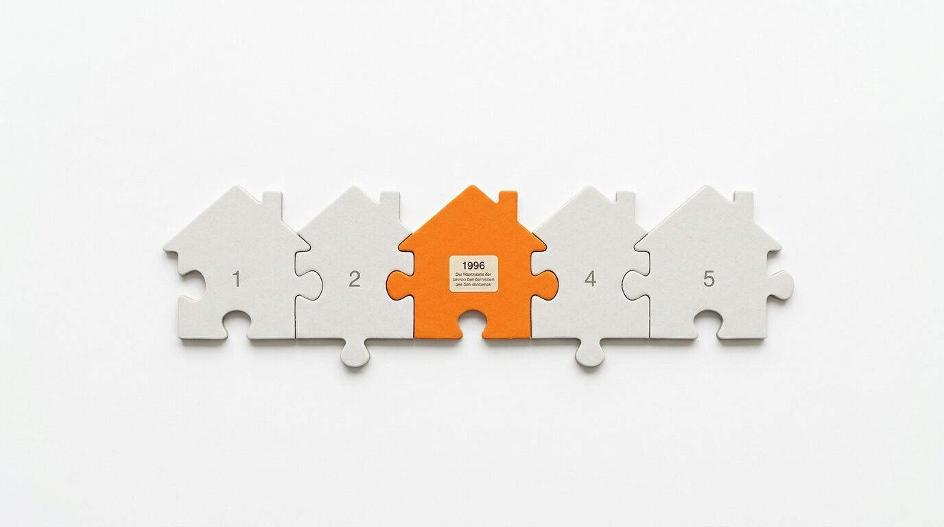 Fünf nummerierte, hausförmige Puzzleteile, das mittlere orange, auf weißem Grund