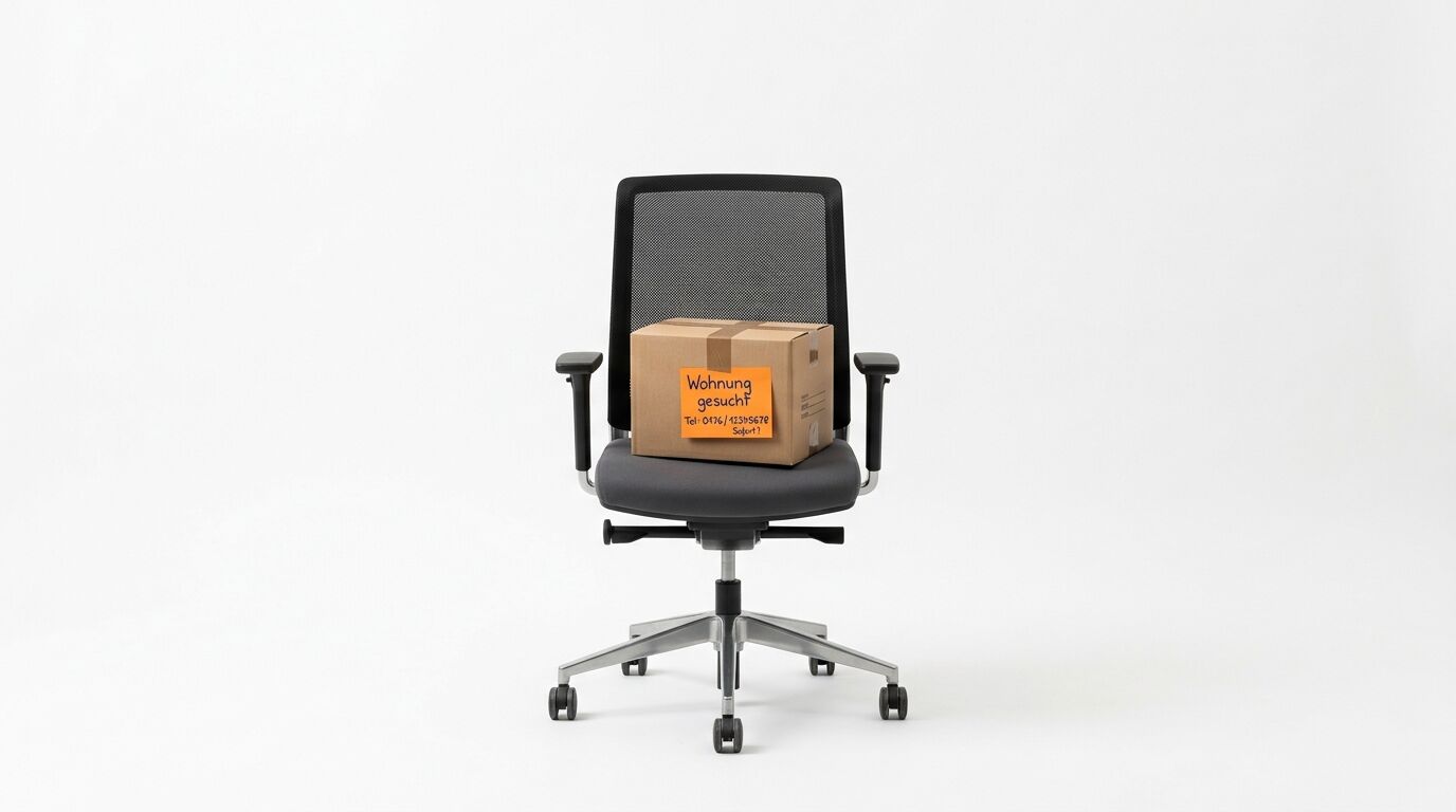 Ein Bürostuhl mit einem Karton darauf. Auf dem Karton ist ein orangener Zettel angebracht