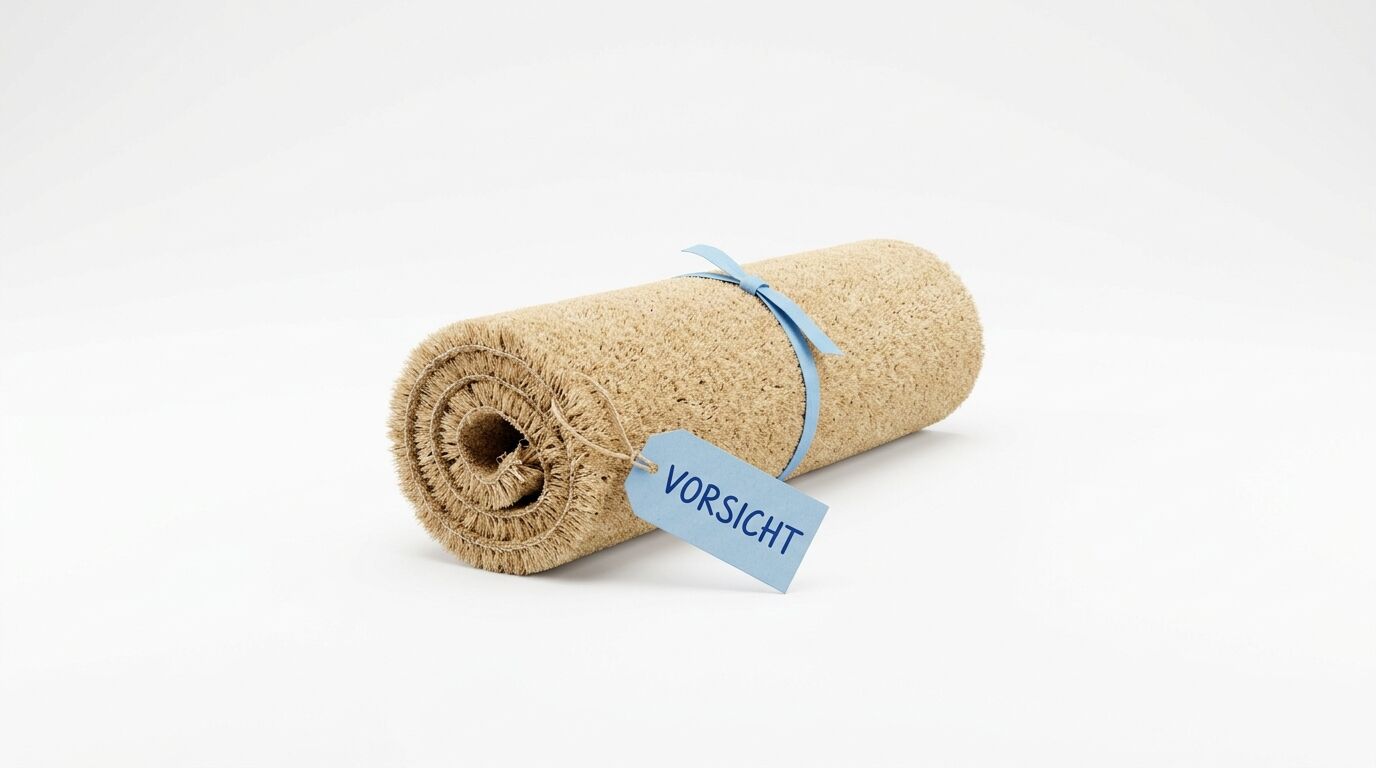 Eine aufgerollte Korkenmatte mit blauem Etikett, auf dem "VORSICHT" steht
