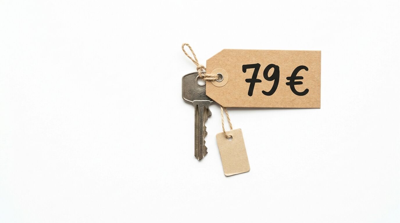 Schlüssel mit Preisschild von 79€ an Schnur auf weißem Hintergrund