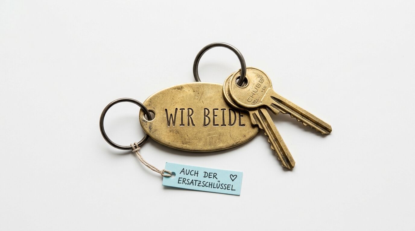 Vintage Schlüsselbund mit Messingplakette "WIR BEIDE", zwei Schlüsseln und blauem Anhänger "AUCH DER ERSATZSCHLÜSSEL"