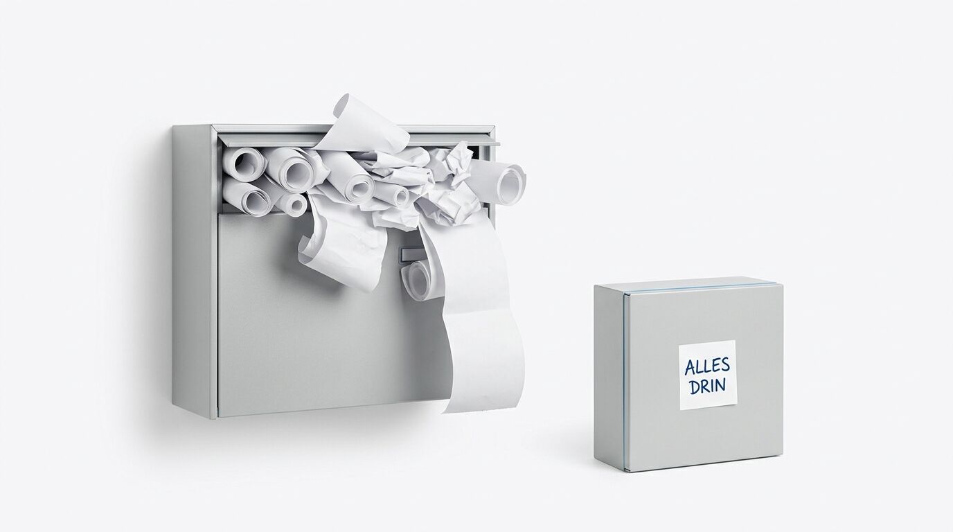 Wandmontierter Toilettenpapierhalter mit überquellendem Papier und eine Schachtel mit "ALLES DRIN" Aufschrift auf weißem Hintergrund