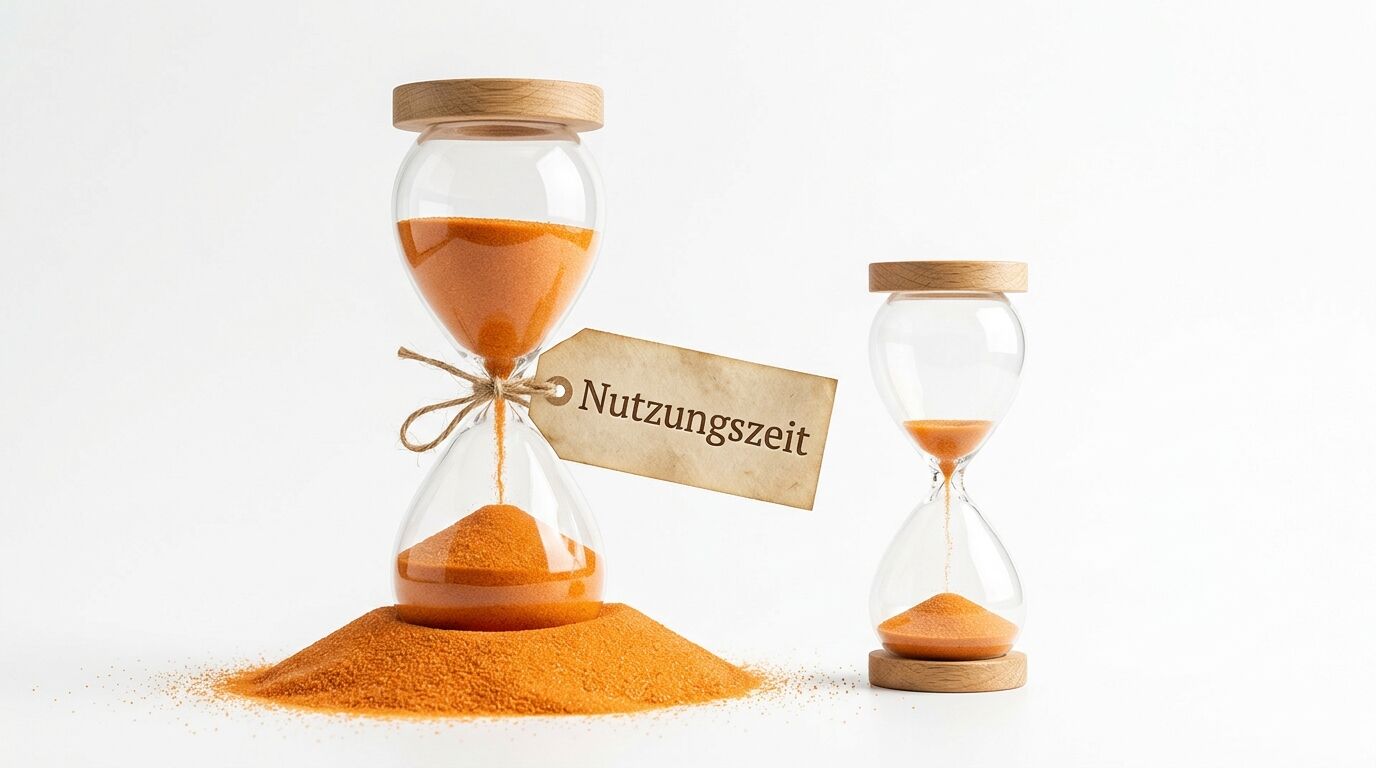Zwei Sanduhren mit orangefarbenem Sand, eine mit Etikett „Nutzungszeit“