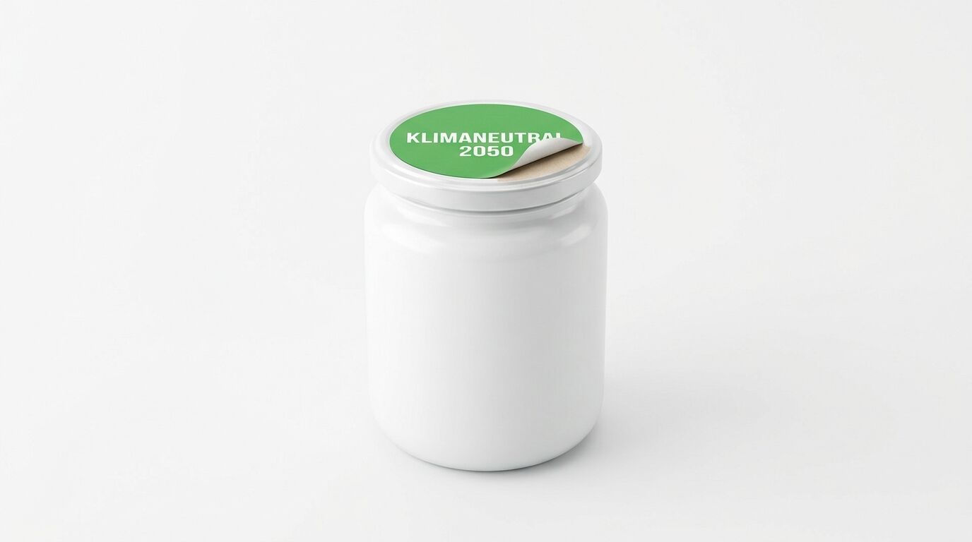 Weißes Glas mit Deckel und grünem Aufkleber „KLIMANEUTRAL 2050“ vor weißem Hintergrund