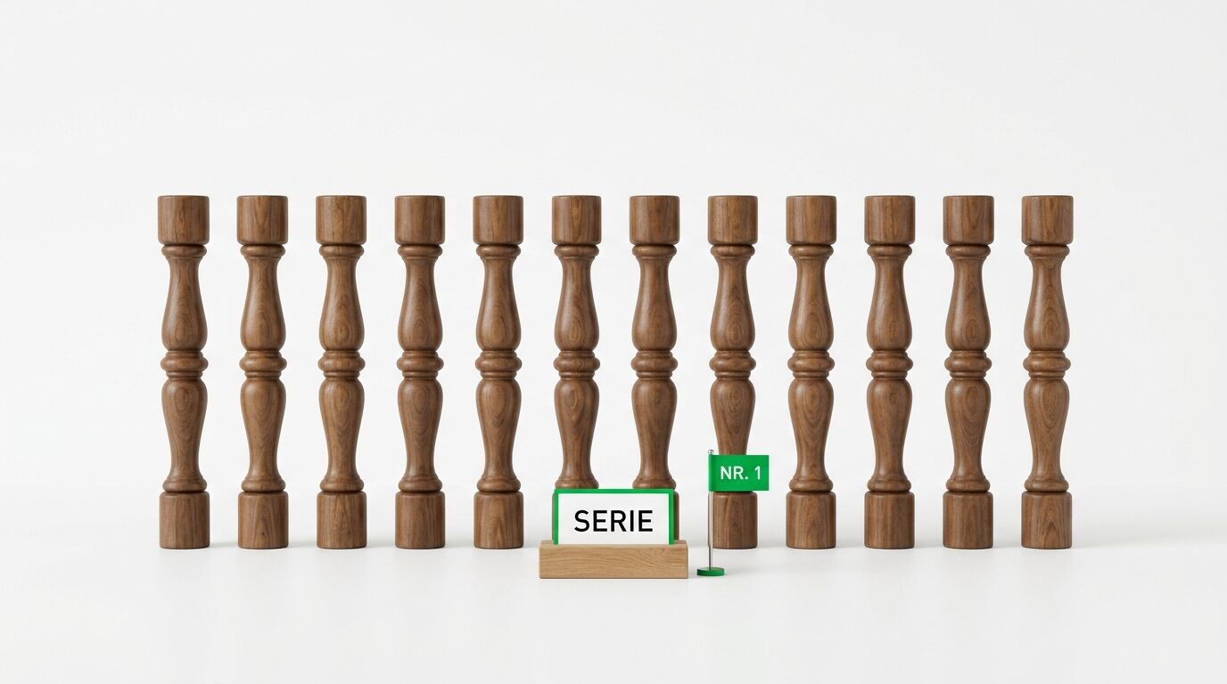 Reihe von 12 Holzbalustern mit Schild 