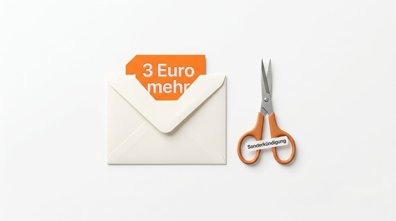 Brief mit Karte „3 Euro mehr“ neben Schere mit Label „Sonderkündigung“