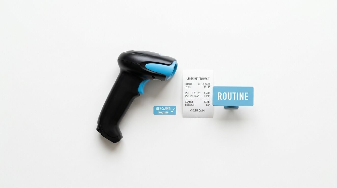 Barcode-Scanner, Kassenbon und Hinweisschilder auf weißem Untergrund