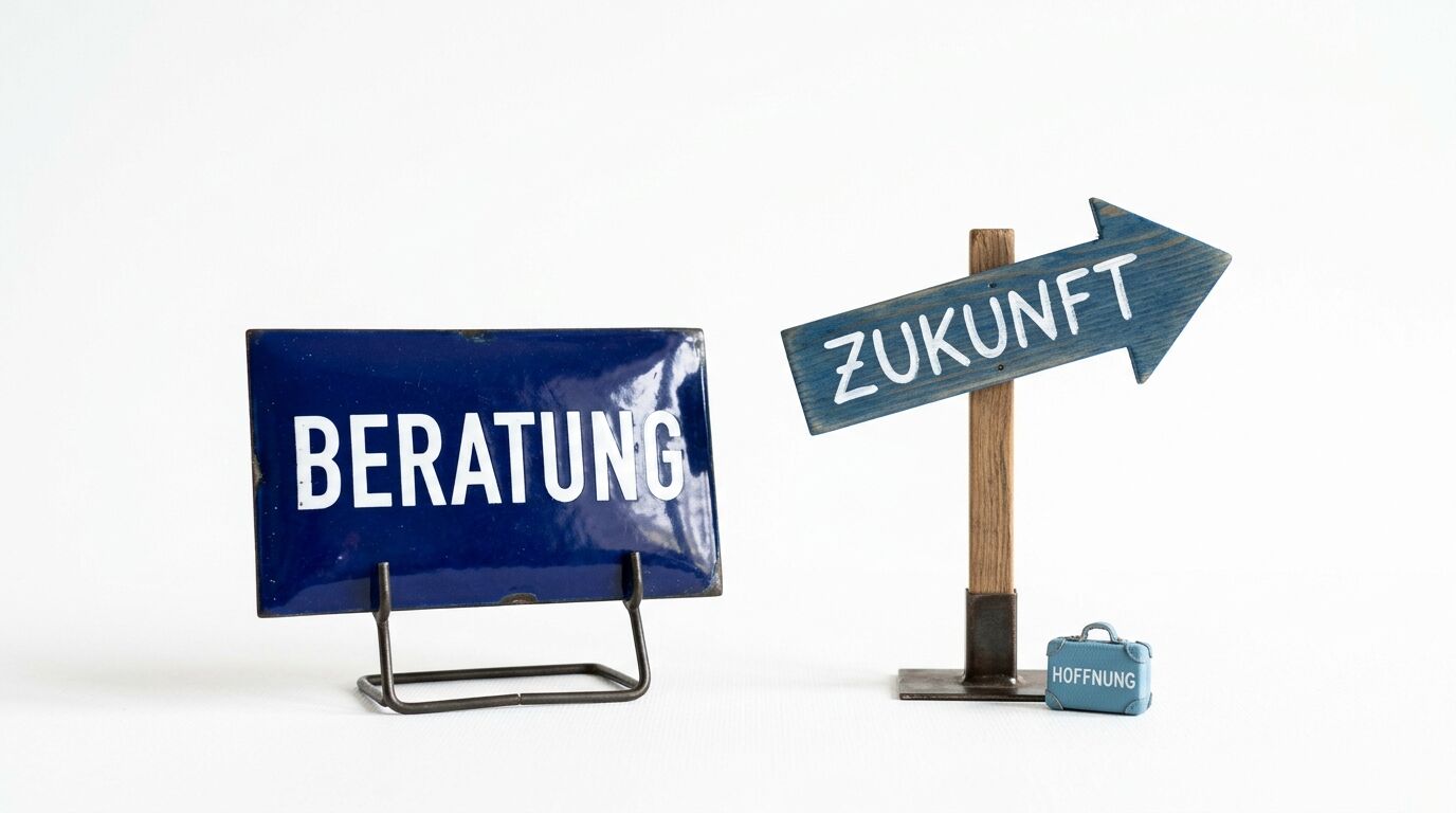 Schilder mit der Aufschrift „BERATUNG“ und „ZUKUNFT“ sowie Koffer „HOFFNUNG“ auf weißem Hintergrund