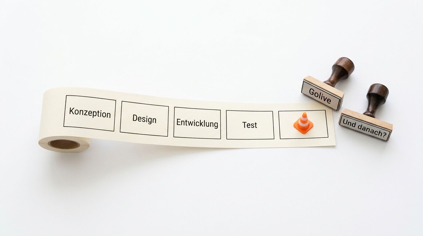 Prozessablauf mit Phasen: Konzeption, Design, Entwicklung, Test. Stempel mit "Gültig" und "Und danach?" sowie Warnkegel