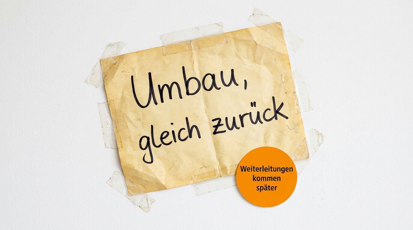 Gelber Notizzettel mit handschriftlichem Text "Umbau, gleich zurück" und orangem Hinweiskreis "Weiterleitungen kommen später"