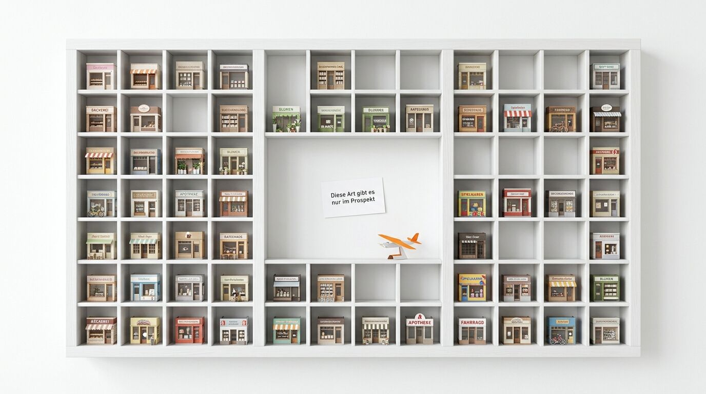 Großes weißes Regal mit miniaturisierten Fassaden verschiedener Läden und Geschäfte, in der Mitte ein weißer Bereich mit Text und Flugzeug-Illustration