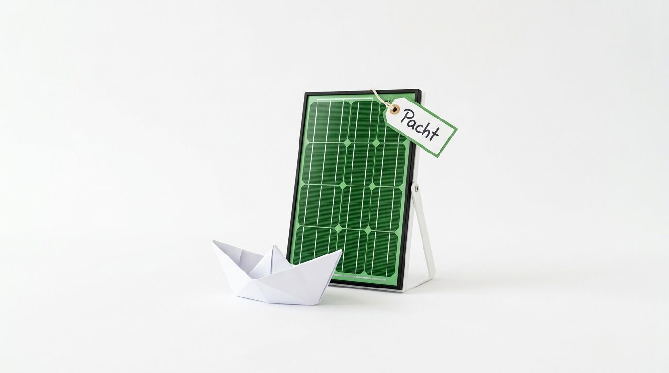 Solarmodul, Papierschiff und Anhänger mit dem Wort Pacht auf weißem Hintergrund