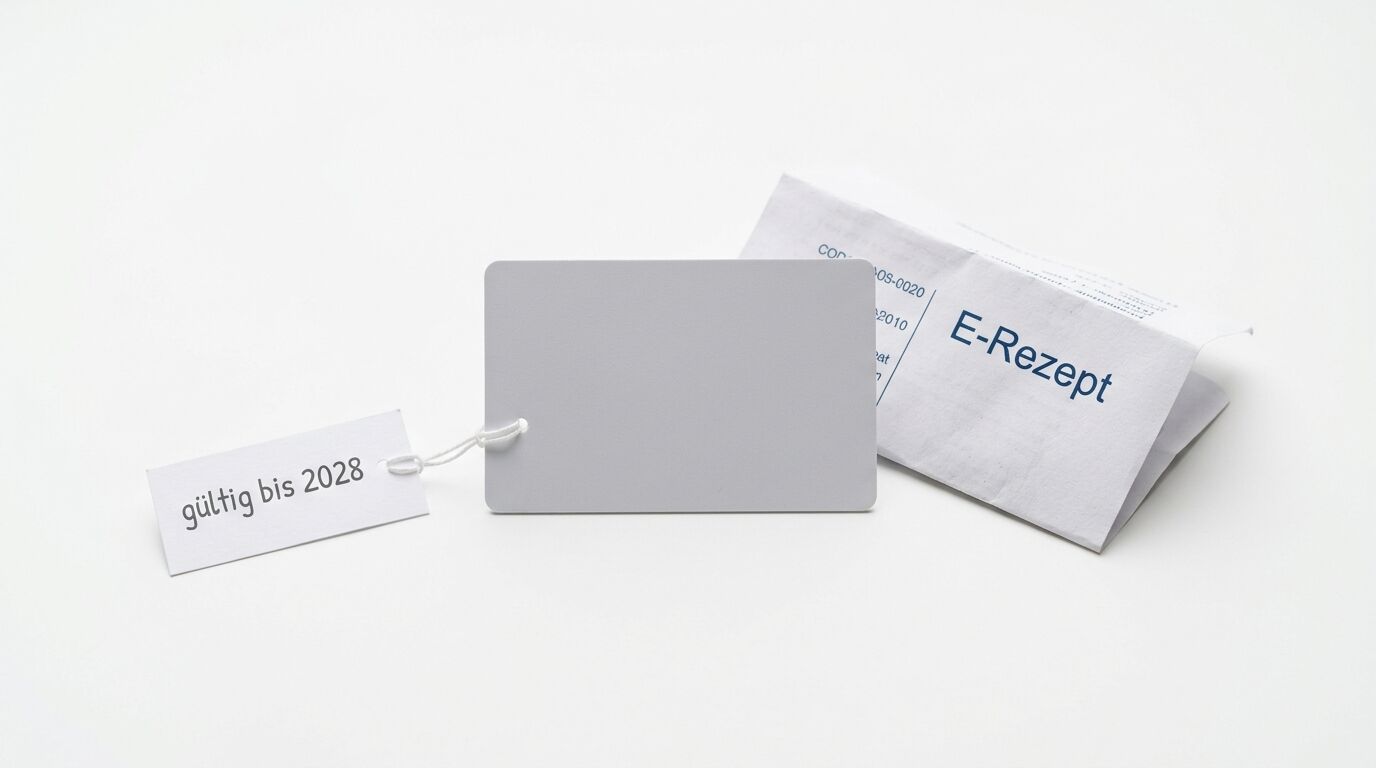 Leere Karte, E-Rezept-Papier und ein kleiner Anhänger mit dem Text „gültig bis 2028“
