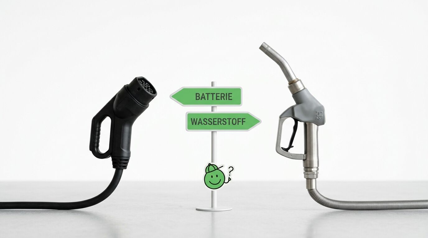 E-Auto-Ladekabel, Wasserstoff-Zapfpistole und Wegweiser vor weißem Hintergrund