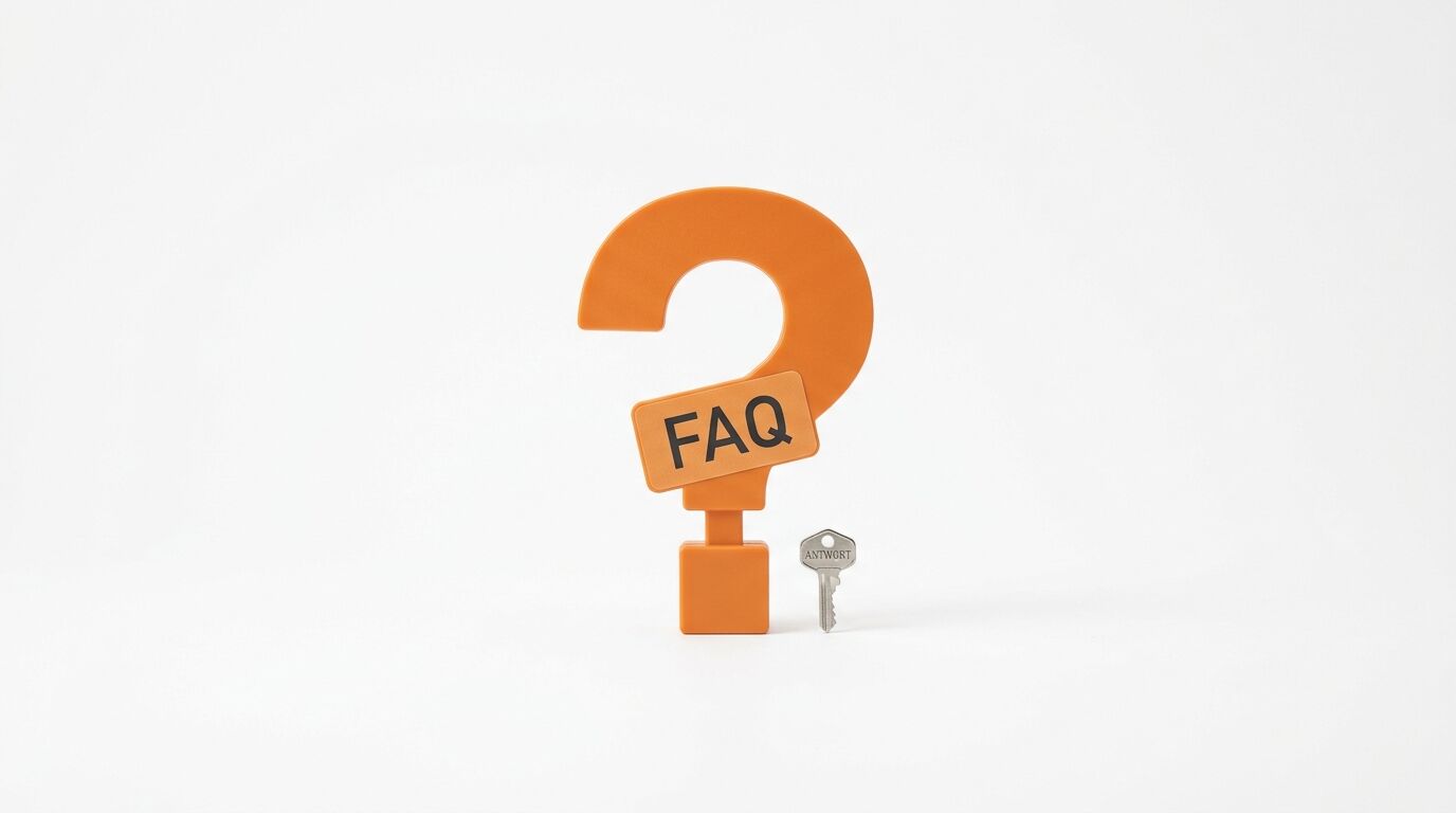 Orangefarbenes Fragezeichen mit Aufschrift „FAQ“ und Schlüssel mit Gravur „ANTWORT“ auf Weiß