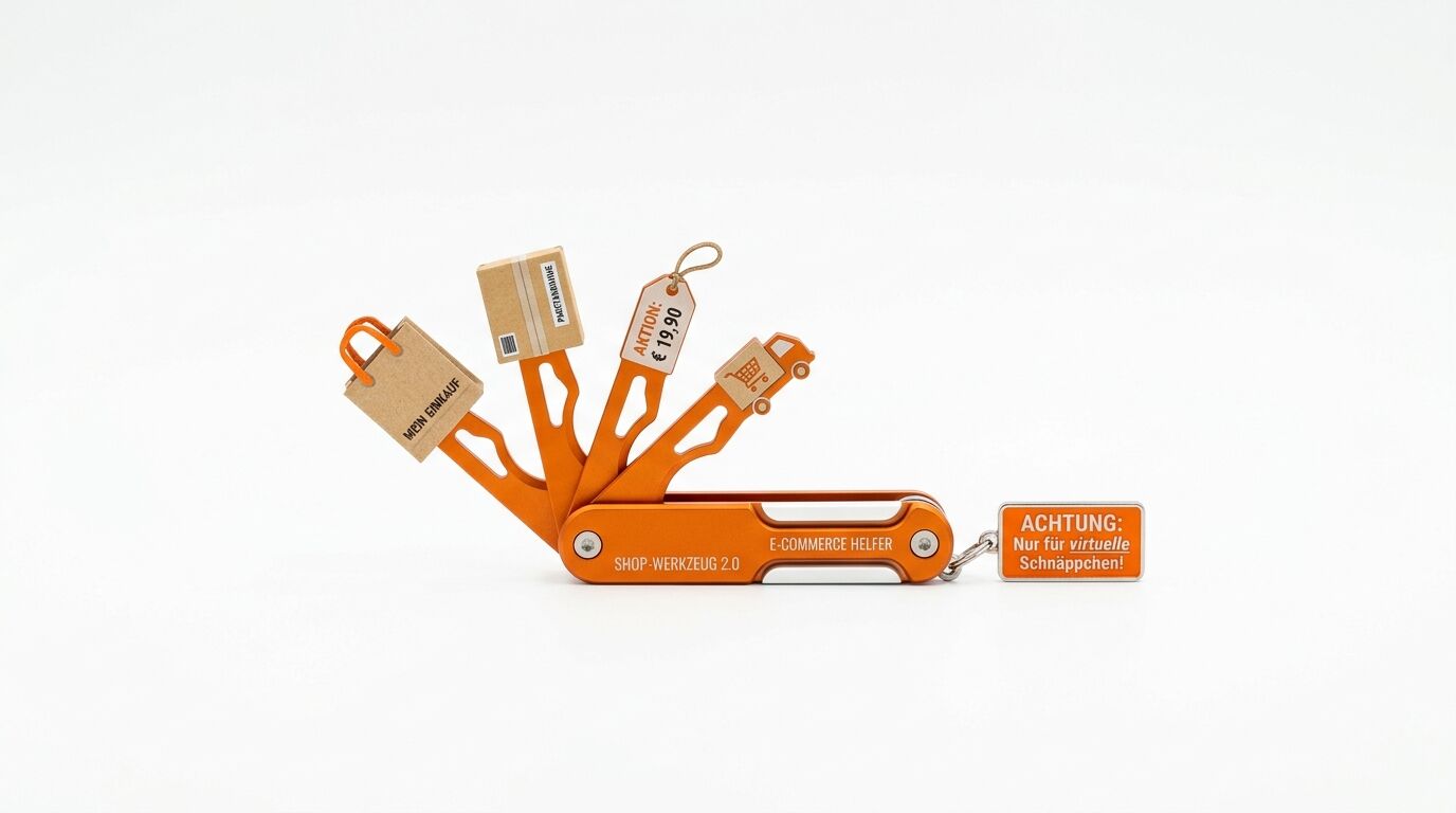 Oranges Taschenwerkzeug mit ausgeklappten Miniatur-Einkaufssymbolen und Warnschild