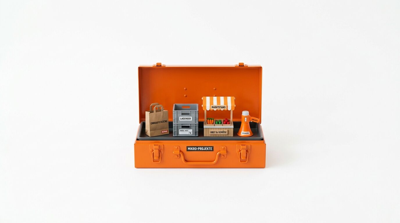 Oranger Werkzeugkoffer, geöffnet, mit Miniaturen: Tasche, Kiste, Marktstand, Megafon