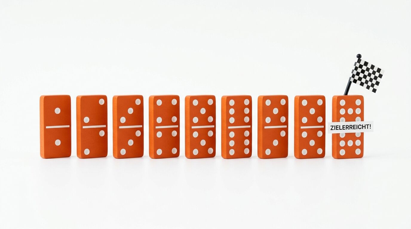 Orange Dominosteine in einer Reihe, der letzte mit einer kleinen Zielflagge