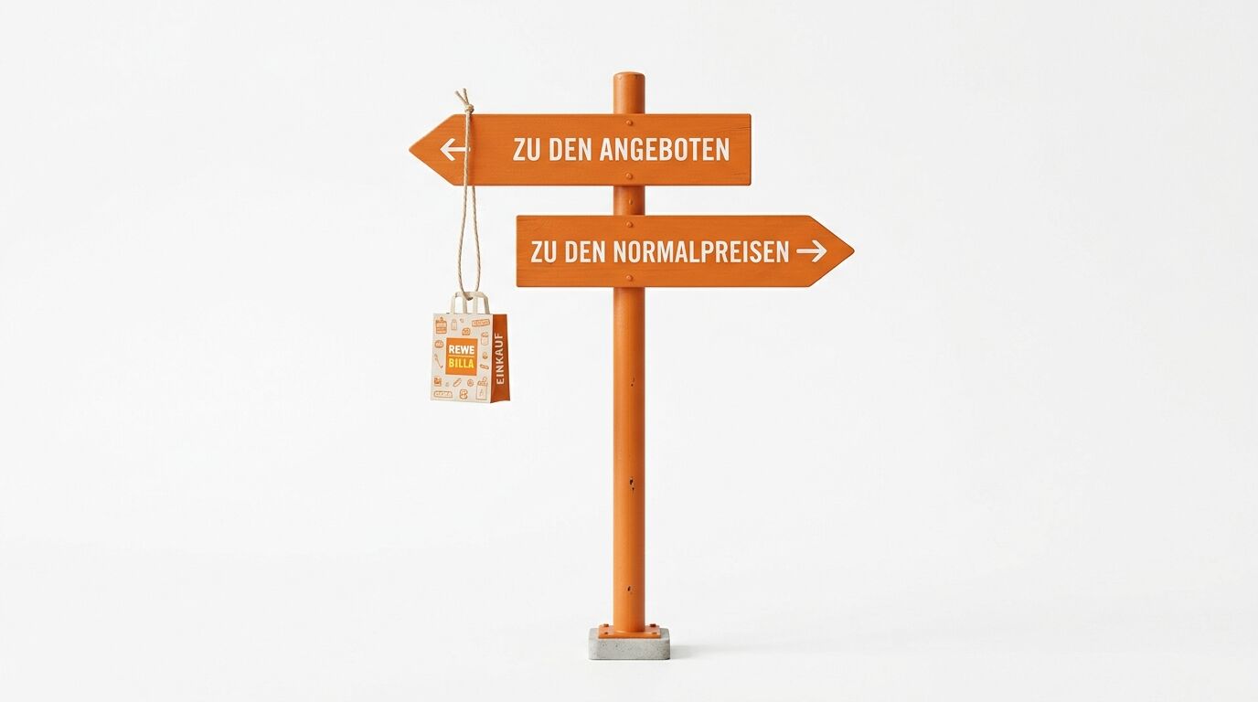 Oranger Wegweiser mit zwei Schildern und einer kleinen Einkaufstasche als Anhänger