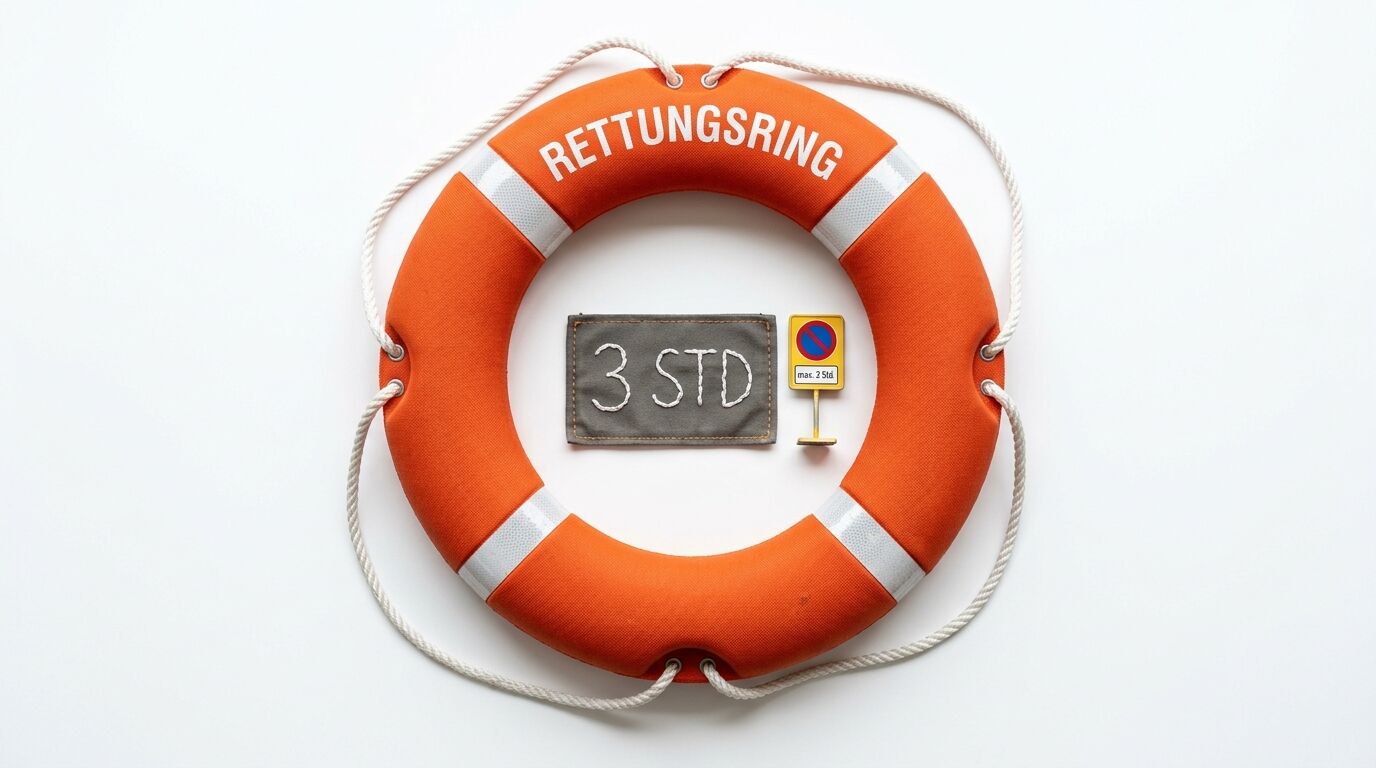 Rettungsring mit Aufschrift umschließt Aufnäher „3 STD“ und Parkverbotsschildchen