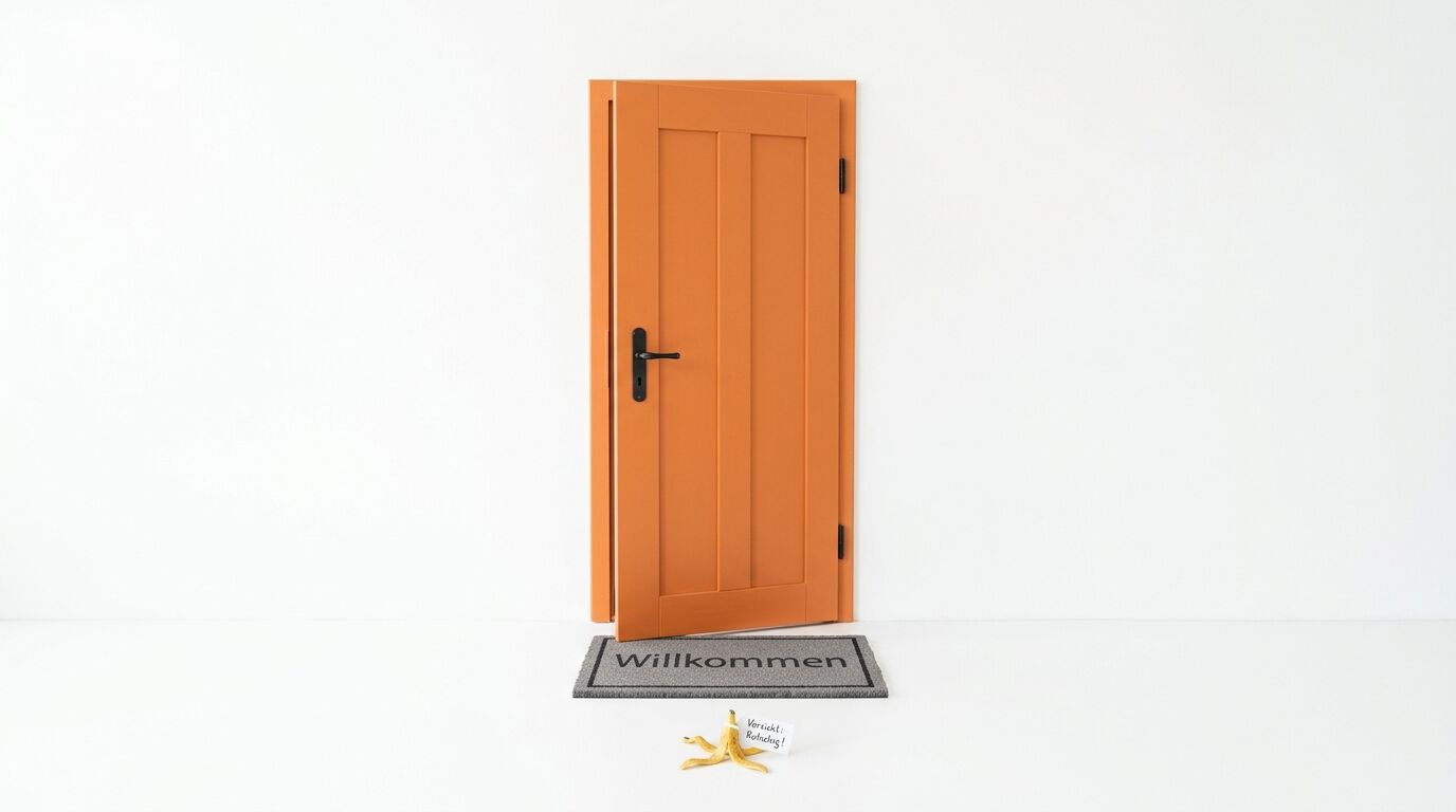 Leicht geöffnete orangefarbene Tür mit einer Fußmatte davor