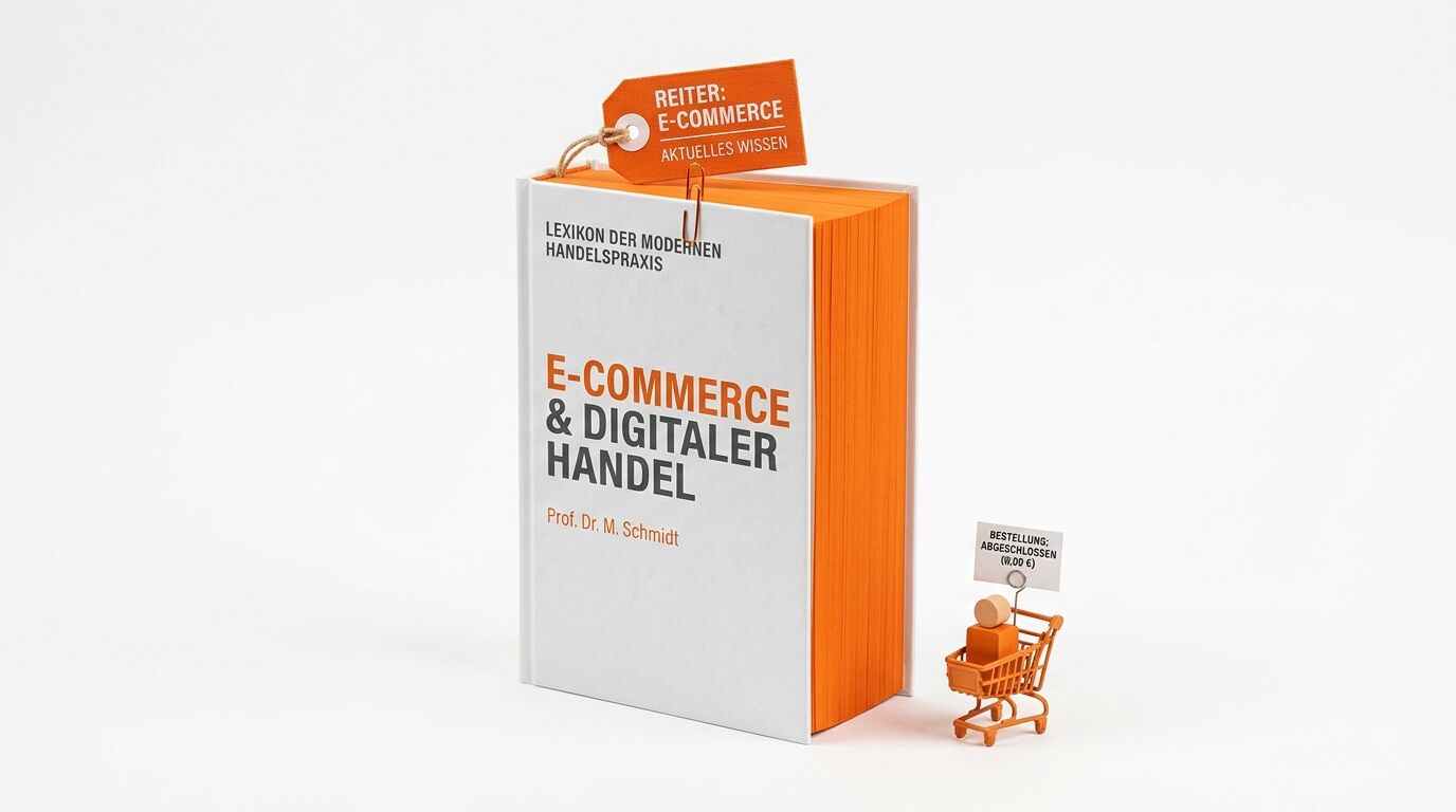 Ein E-Commerce-Fachbuch, ein orangefarbener Anhänger und ein Mini-Einkaufswagen