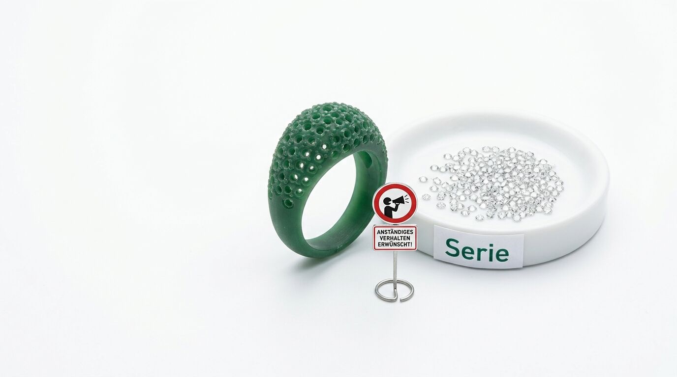 Ein grüner Ring-Gussling neben Steinen auf einer Schale, einem Schild und dem Wort