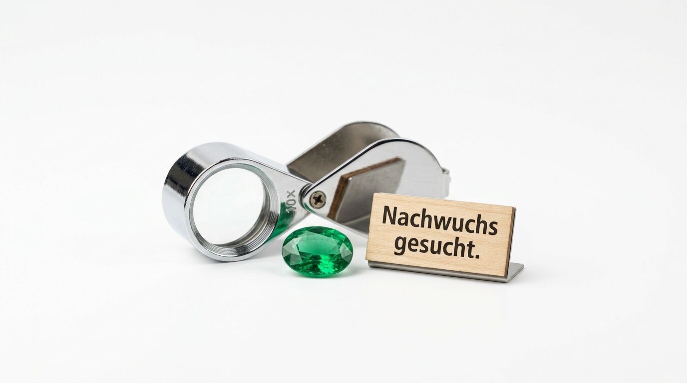 Lupe, grüner Edelstein und Schild mit Aufschrift