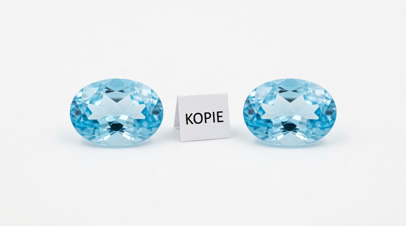 Zwei ovale blaue Edelsteine mit Aufsteller „KOPIE“ davor